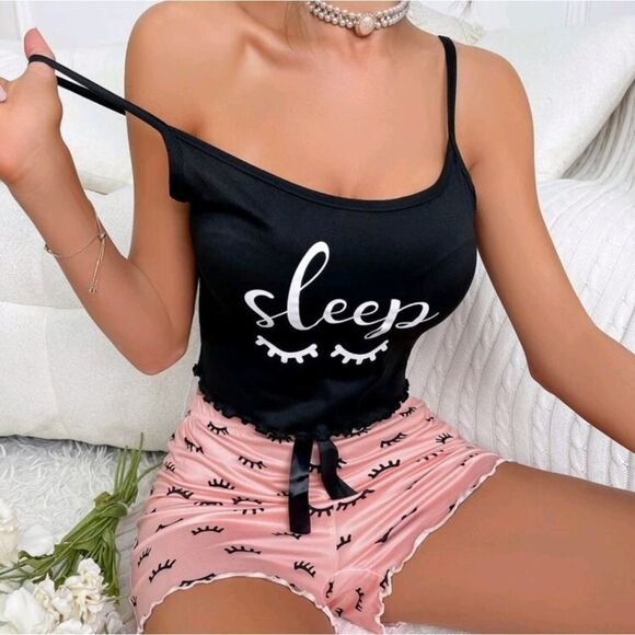 Pink and Black Pajama Set with Playful Patterns - Picture 3 of 8